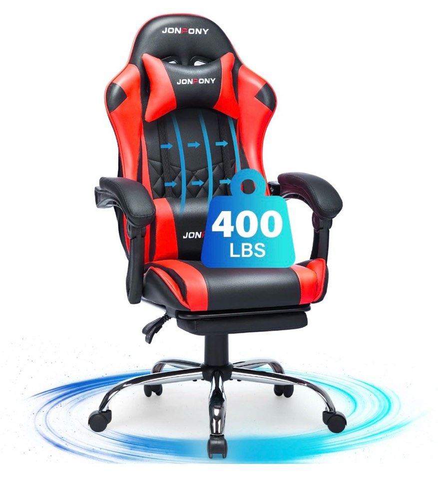 JONPONY Big and Tall 400LBS Gaming Chair, Ergonomic Design, Gamer Chair PU Leather with Footrest and Lumbar Support, High Back Office Chair Support 8 Hours Long Sitting, Computer Chair,Red
