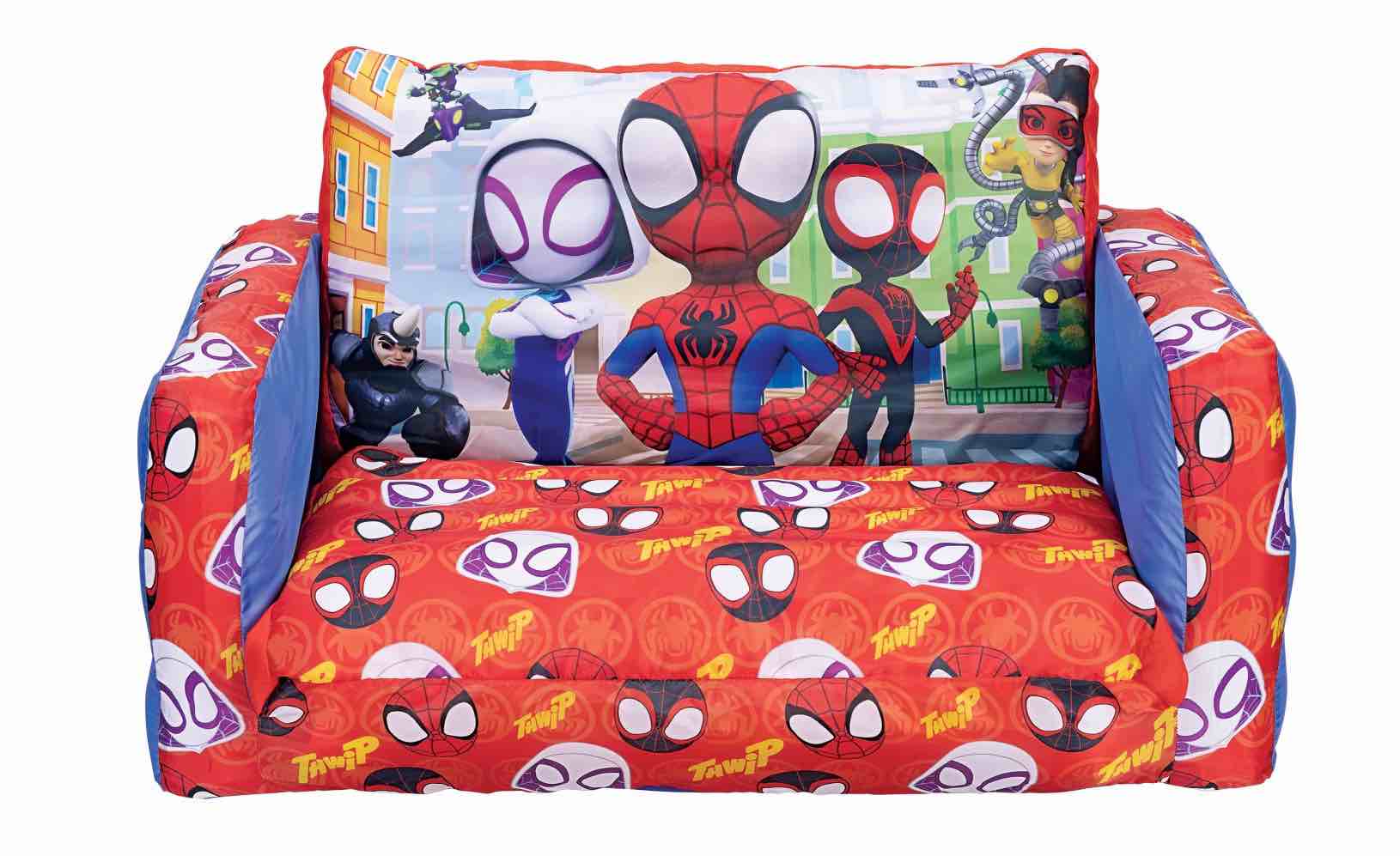 Condition photo showing New/Like New for spidey & his amazing friends 2-in-1 indoor inflatable sofa bed suggested for children ages 2 to 5 years