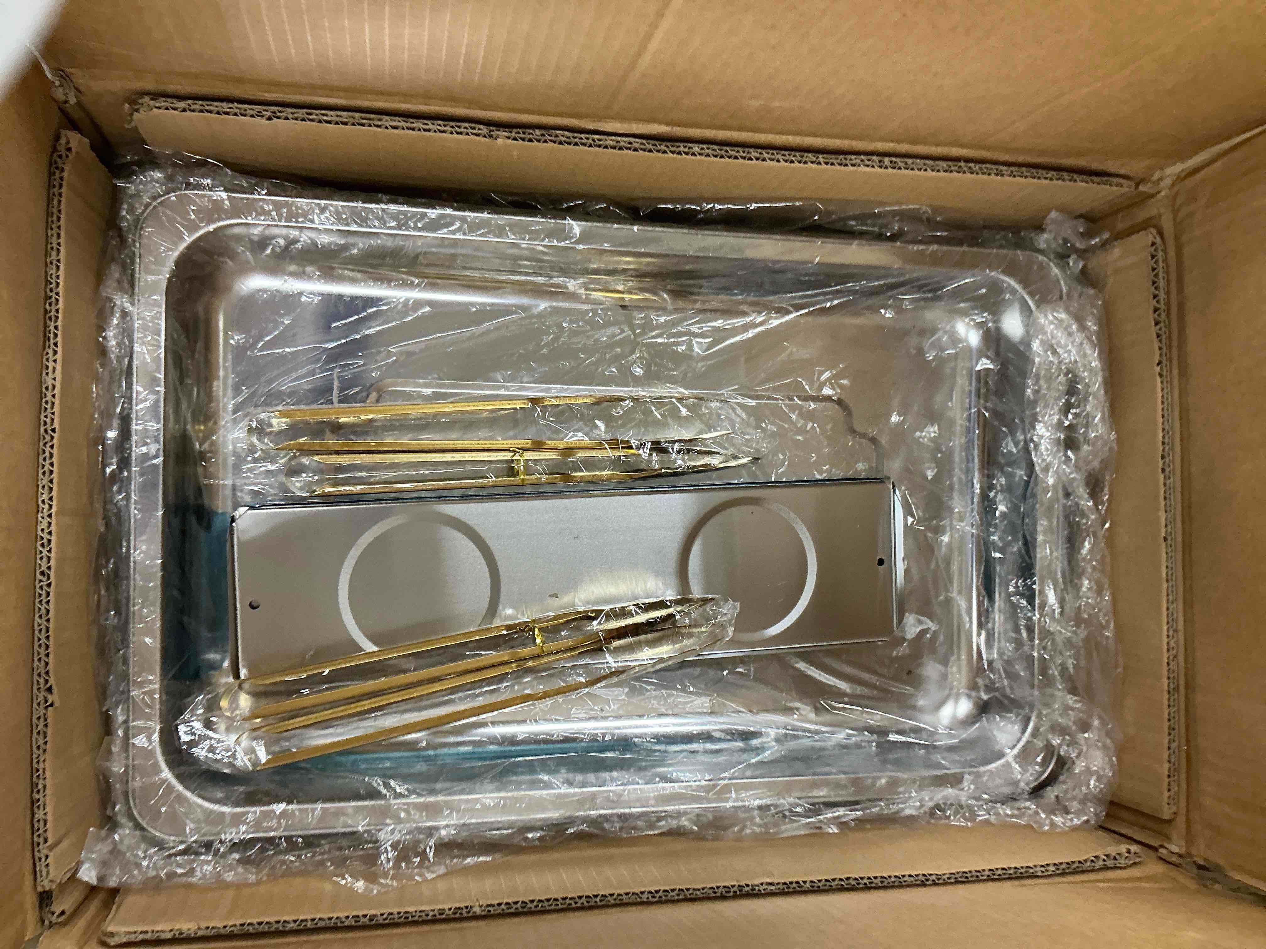 Condition photo showing New/Like New for chafing dish buffet set 4 pack: tinana 8qt stainless steel chafing dishes for buffet  chafers and buffet warmers sets for parties  events  wedding  camping  dinner gold 