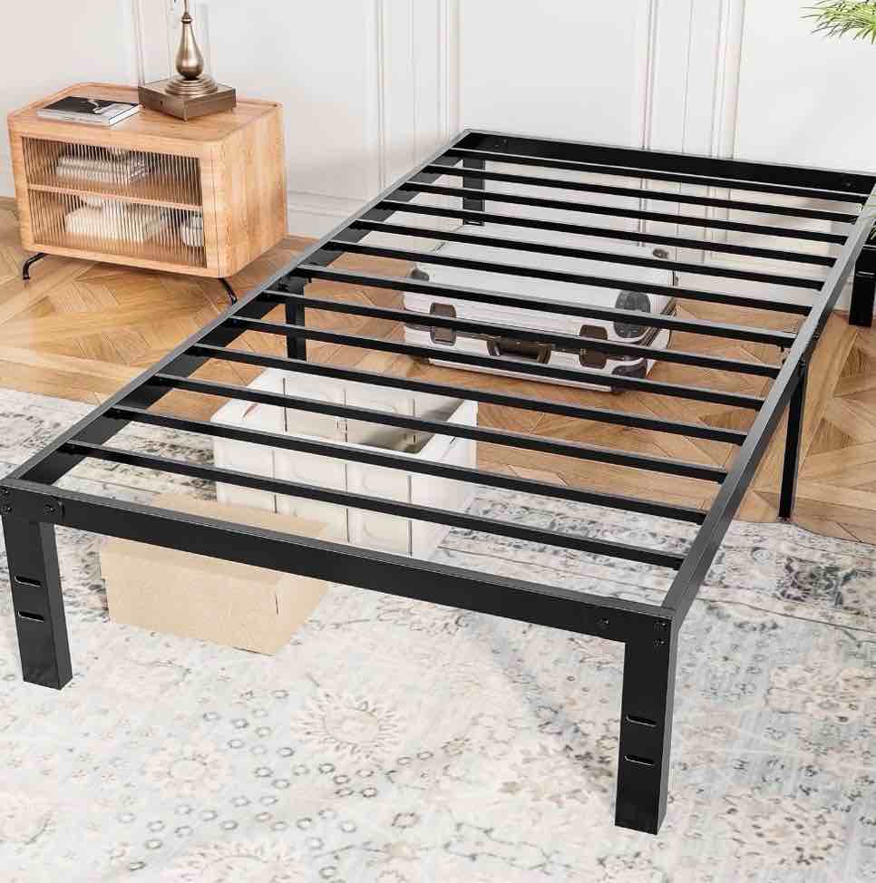 concetta 14" twin bed frame, heavy duty metal platform bed frame with underbed storage for bedroom, no box spring required, black