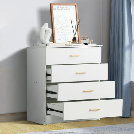 dressers for bedroom, heavy duty 4-drawer wood chest of drawers, modern storage bedroom chest for kids room, white vertical storage cabinet for bathroom, closet, entryway, hallway, nursery, l2028
