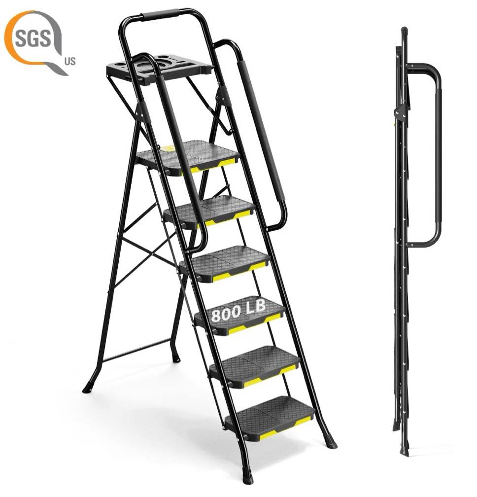 KK KINGRACK 6 Step Ladder, Metal Ladder with Tool Platform&Handrails, 800 lbs Capacity, Black