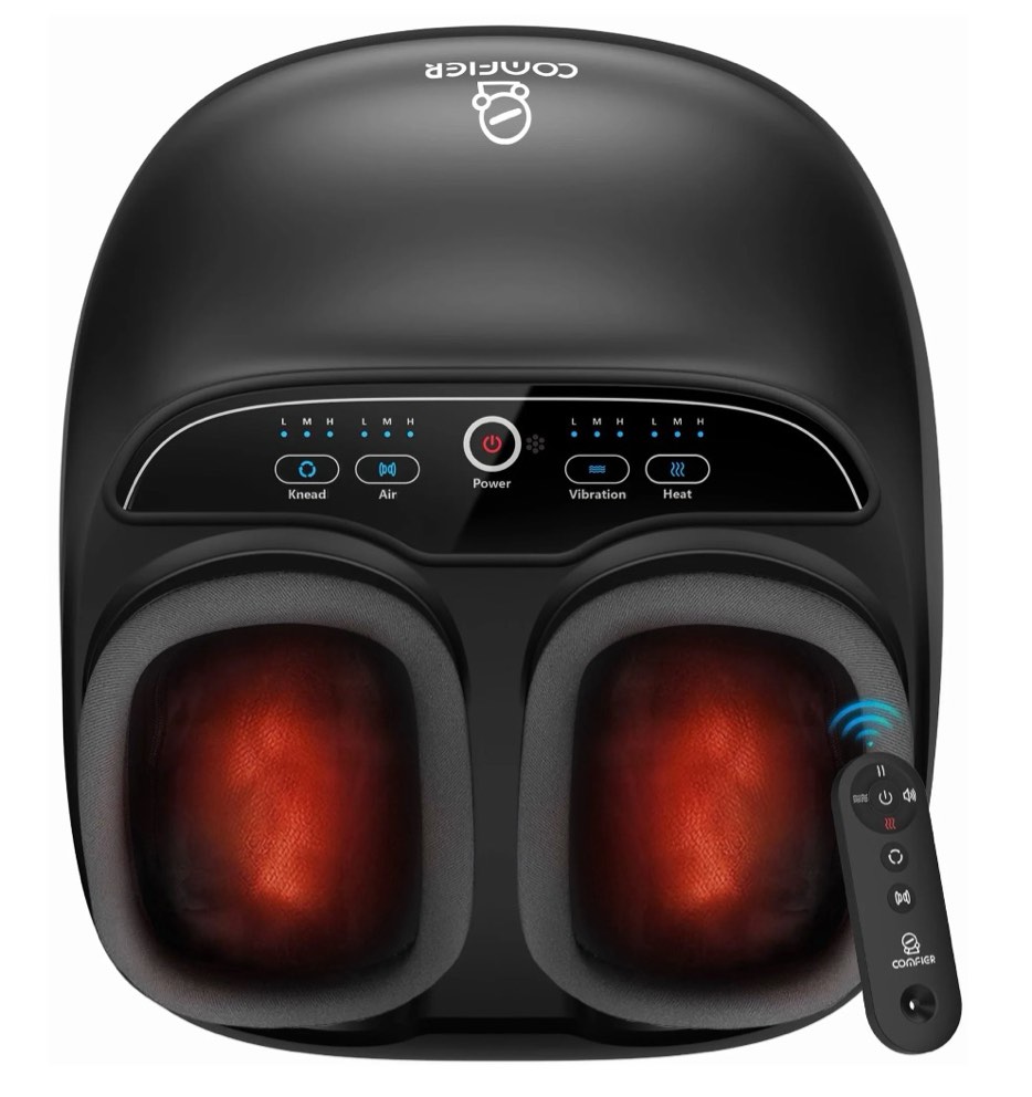 foot massager with heat, comfier shiatsu foot massage machine with remote for plantar fasciitis, neuropathy, circulation, max size 13, black, gifts