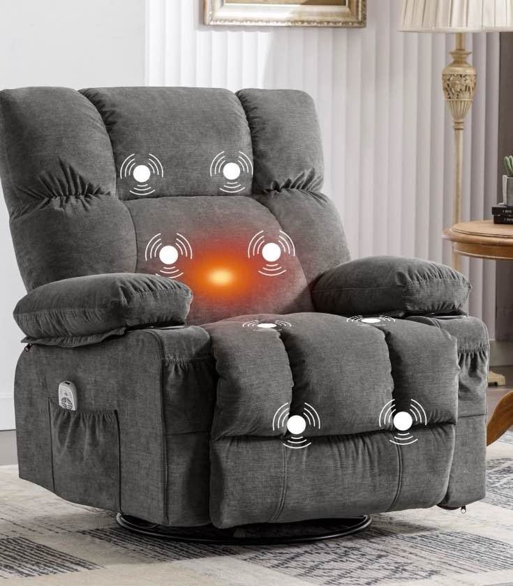 JONPONY Massage Swivel Rocker Recliner Chair with Vibration Massage and Heat Ergonomic Lounge Chair for Living Room with Rocking Function and Side Pocket, 2 Cup Holders, USB Charge Port,Grey