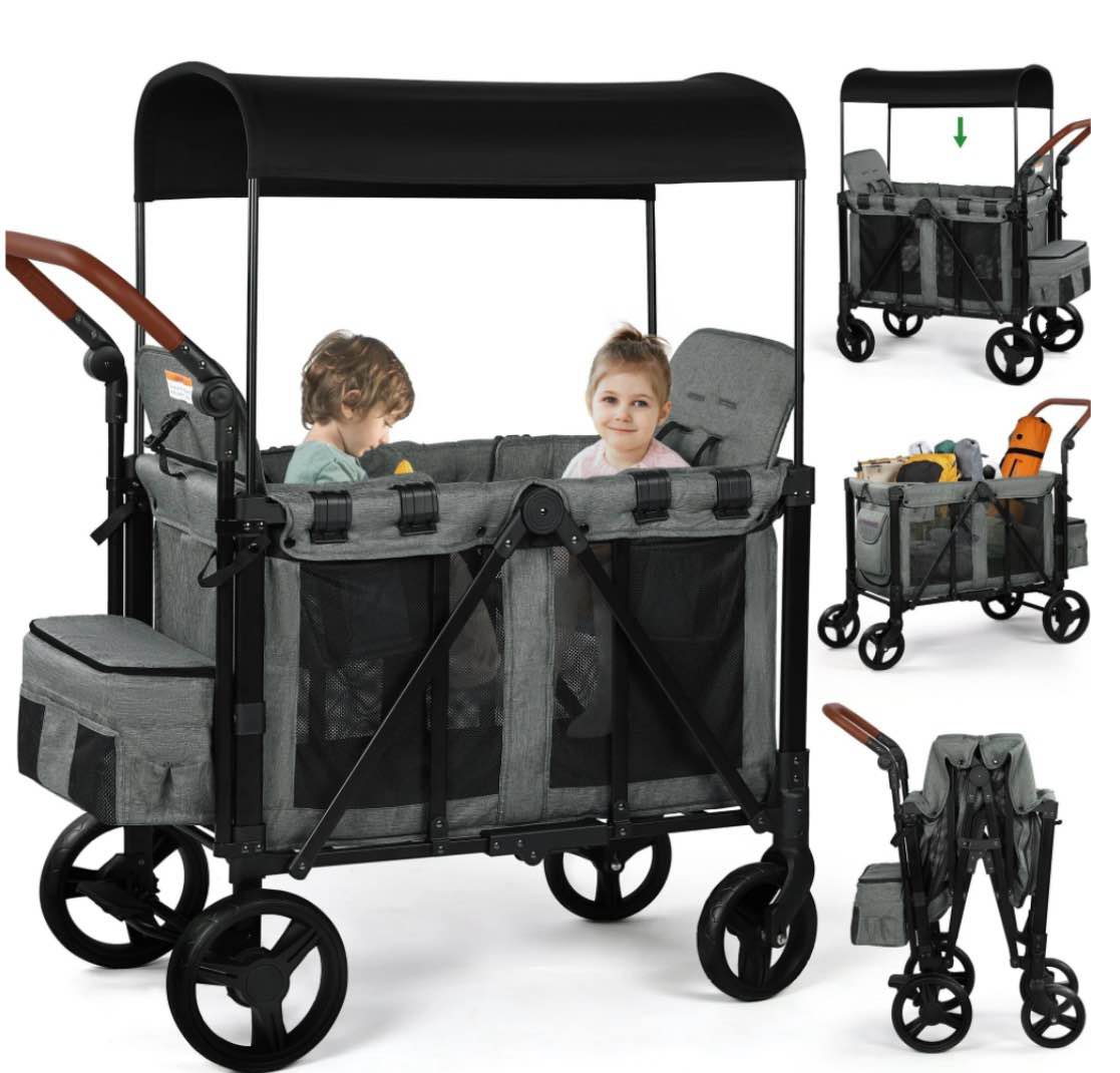 Vomeast Wagon Stroller for 2 Kids, 3-in-1 Outdoor Baby Stroller Wagon with Canopy, 5-Point Harness, Adjustable Handlebars, Removable Seat for Toddlers, Grey