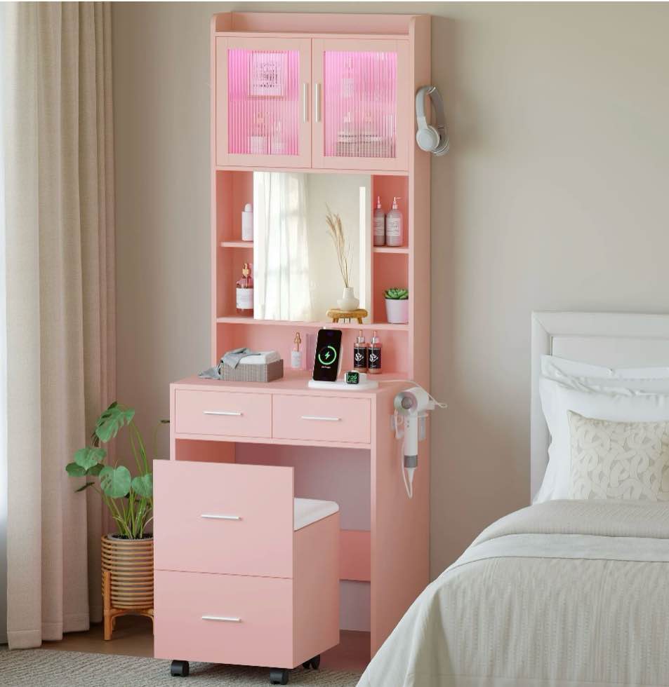 Ktaxon Makeup Vanity Table for Small Spaces, Vanity Table Set with Charging Station and Sliding Mirror, Bedroom Makeup Table, Pink