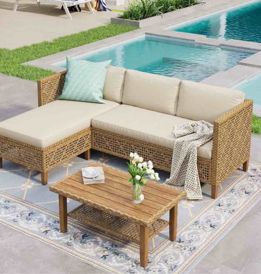 Alpha Joy 3 Pieces Wicker Patio Furniture Conversation Set Boho Style Outdoor Sofa with Wood Coffee Table