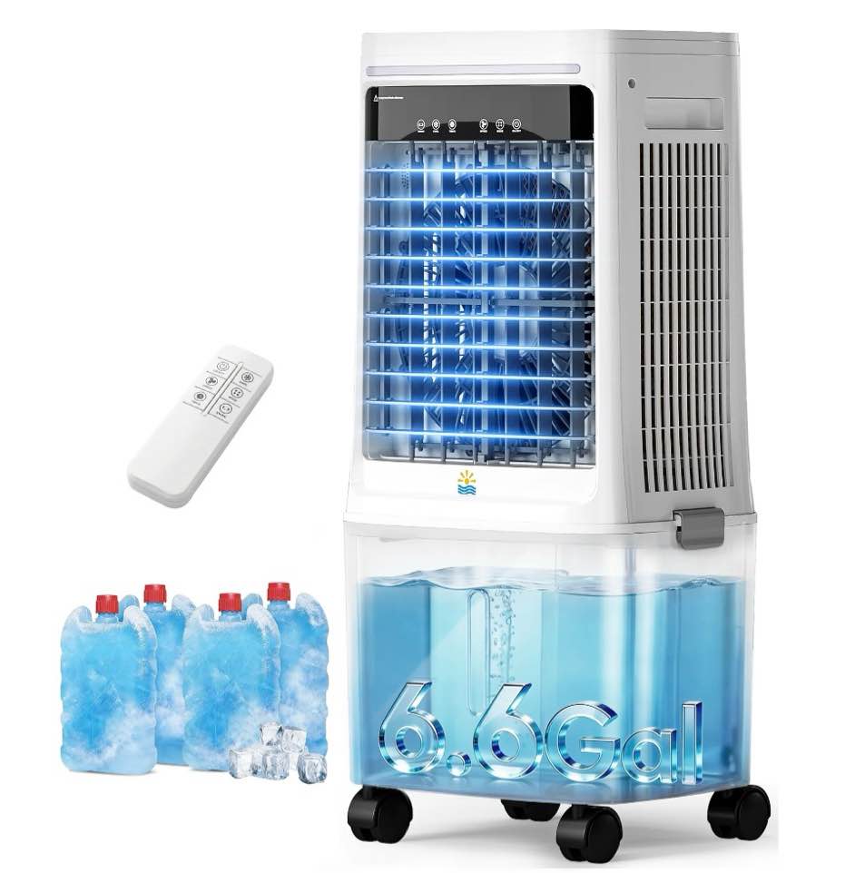 Flamemore Upgraded 1800CFM Evaporative Air Cooler Fan Humidifier with 6.6 gal Tank & 4 Ice Packs, Portable Swamp Cooler for Indoor/Outdoor