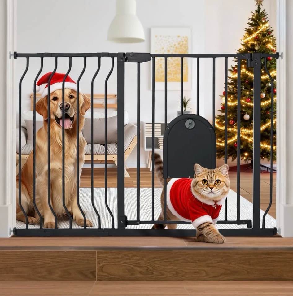 Caveen 29.5-48.4" Wide Pet Safety Gate with Cat Door Pressure Mount, Black