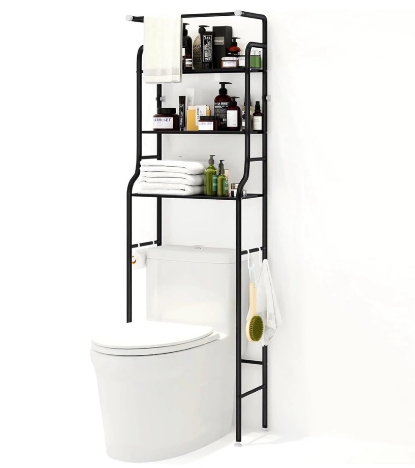 SUSUZI Over The Toilet Storage Shelf 3-Tier Bathroom Organizer Rack Metal Bath Shelves Space Saver Freestanding Above Toilet Stand for Bathroom Laundry, Black