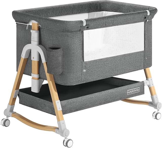 harppa portable baby bassinet bedside sleeper (diaper changing station + mosquito net included)  adjustable bedside crib with storage  easy folding  wooden gray