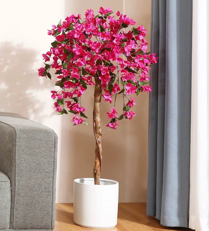 dr.planzen 4 feet artificial bougainvillea flowers tree in black plastic pot, indoor plants with wood trunk and pink flowers for housewarming decor