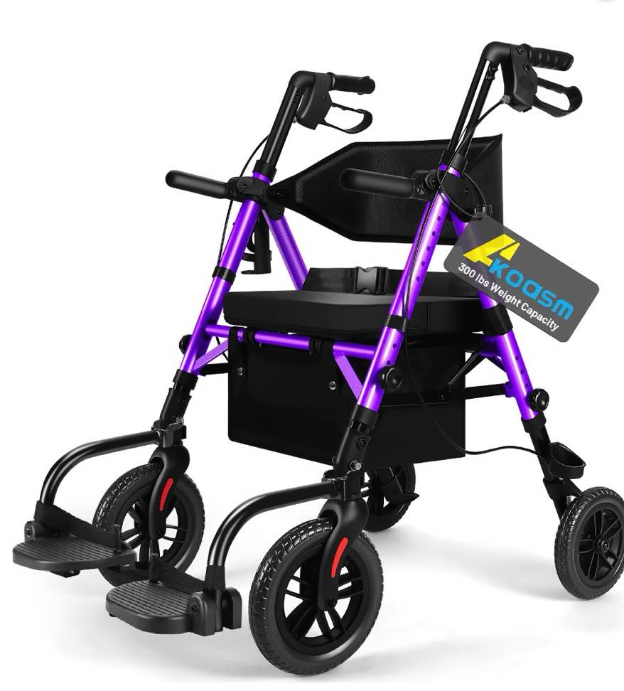 foldable rollator walker for seniors with seat, lightweight 2 in 1 rolling walkers wheelchair combo for adult, transport chair with brakes, adjustable seat and handle, 300 lb. weight capacity