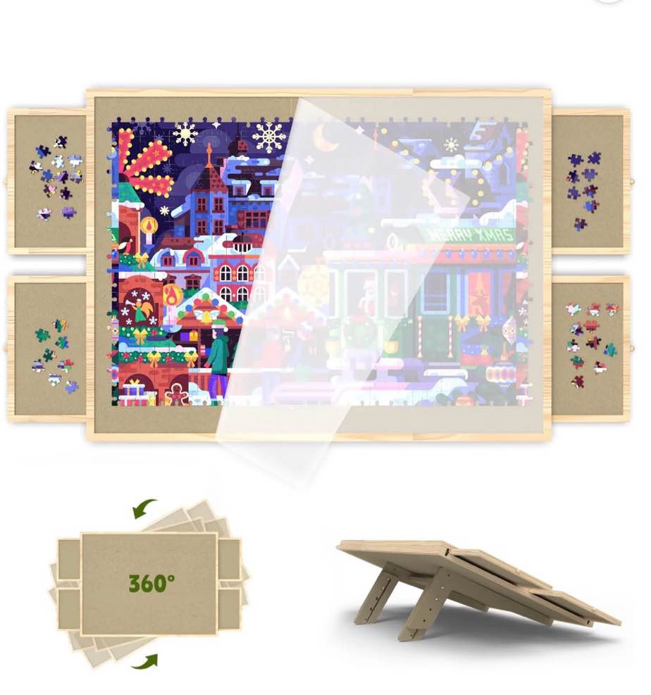 1500 piece puzzle board with drawers and cover, adjustable tilting puzzle board, portable wooden jigsaw puzzle table for adults as a gift