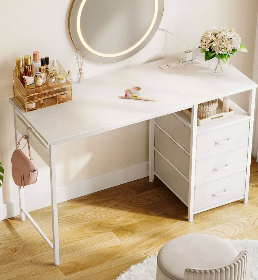 48 inch computer desk with power outlets, home office desk with 3 drawers, writing desk, vanity desk for bedroom, white