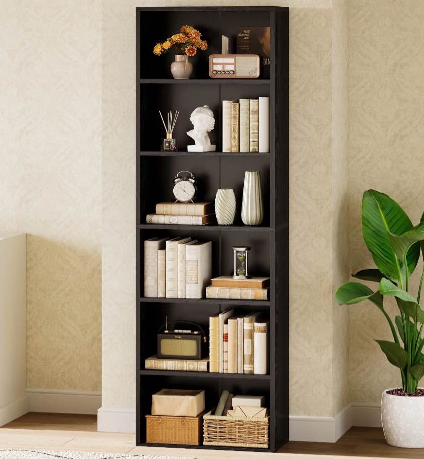 casacomoda tall bookcase, bookshelf, 6-tier display storage shelf, space-saving bookshelf for living room, bedroom, home office, black
