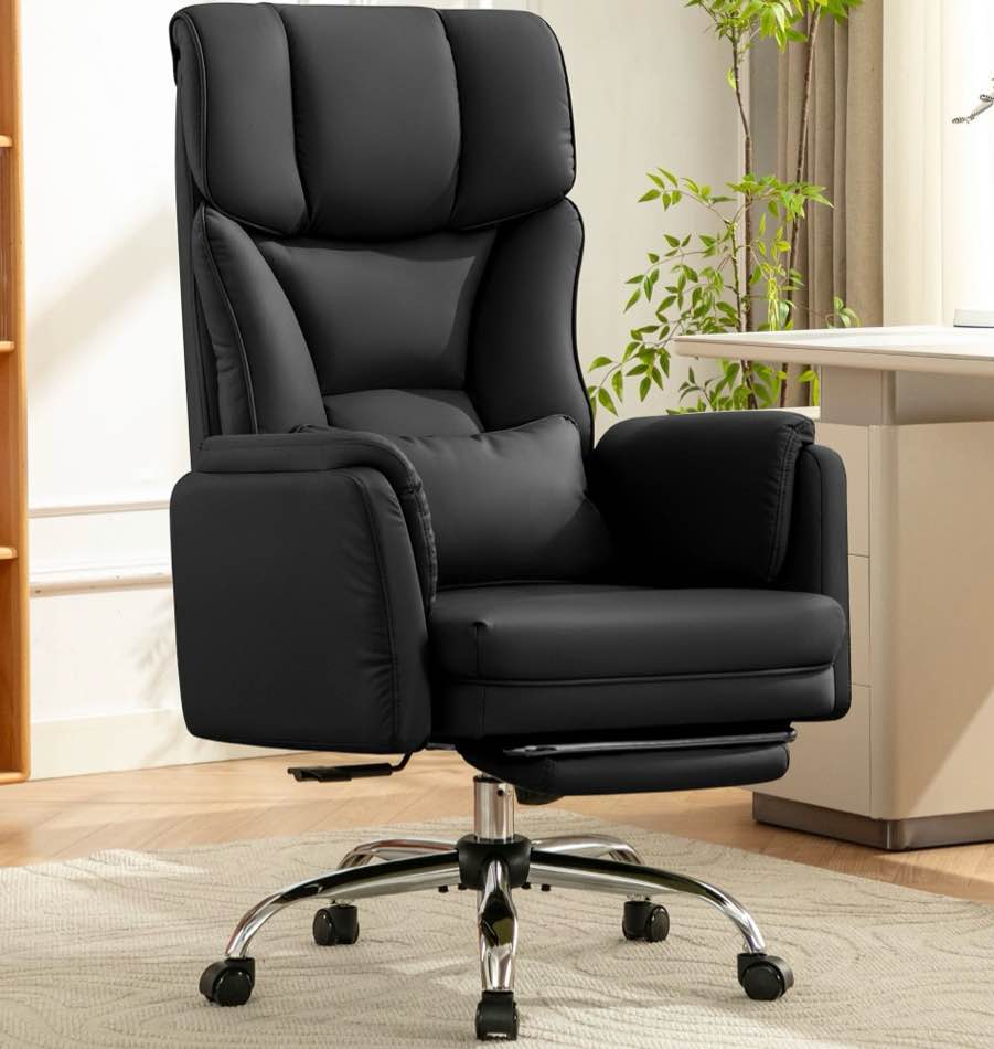 COOLHUT Big and Tall Office Chair, High Back Executive PU Leather Desk Chair with Footrest, Ergonomic Home Office Chair Computer Chair with Lumbar Support & Padded Armrest, Black