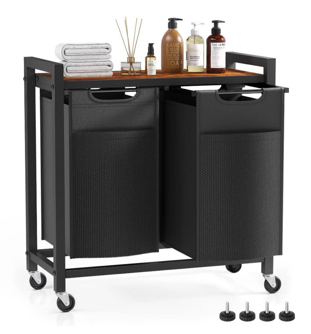 edx laundry hamper with 2 pull-out removable laundry bags clothes sorter with shelf and wheels(adjustable feet)  2 x 11.2 gallons (42.5 liters) for laundry rooms  bathrooms and dorms