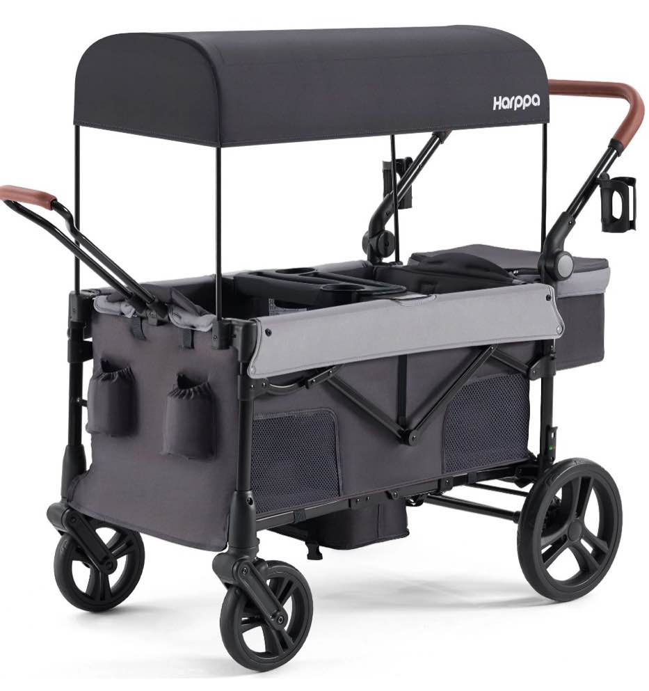 harppa foldable wagon stroller for 2 toddlers with pull & push handle, canopy, 32.9lbs, gray