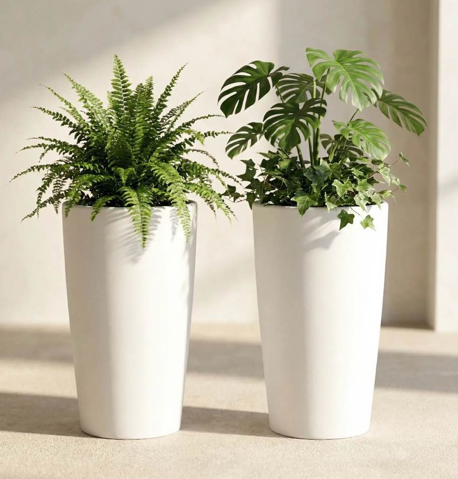 snugniture set of 2 round 22-inch tall planters, white – large indoor/outdoor pots with drainage, matte frosted finish