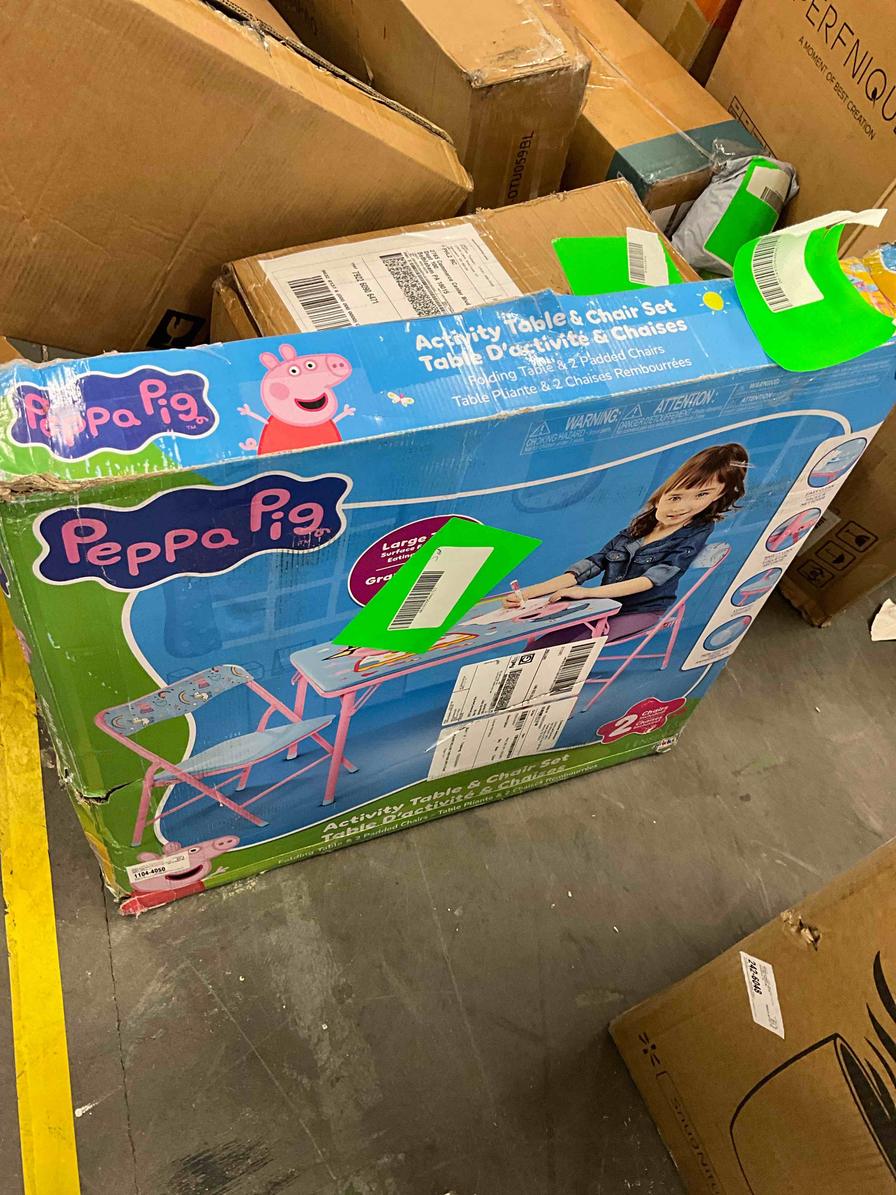 Condition photo showing New/Like New for peppa pig kids erasable activity table includes 2 chairs with safety lock  non-skid rubber feet & padded seats