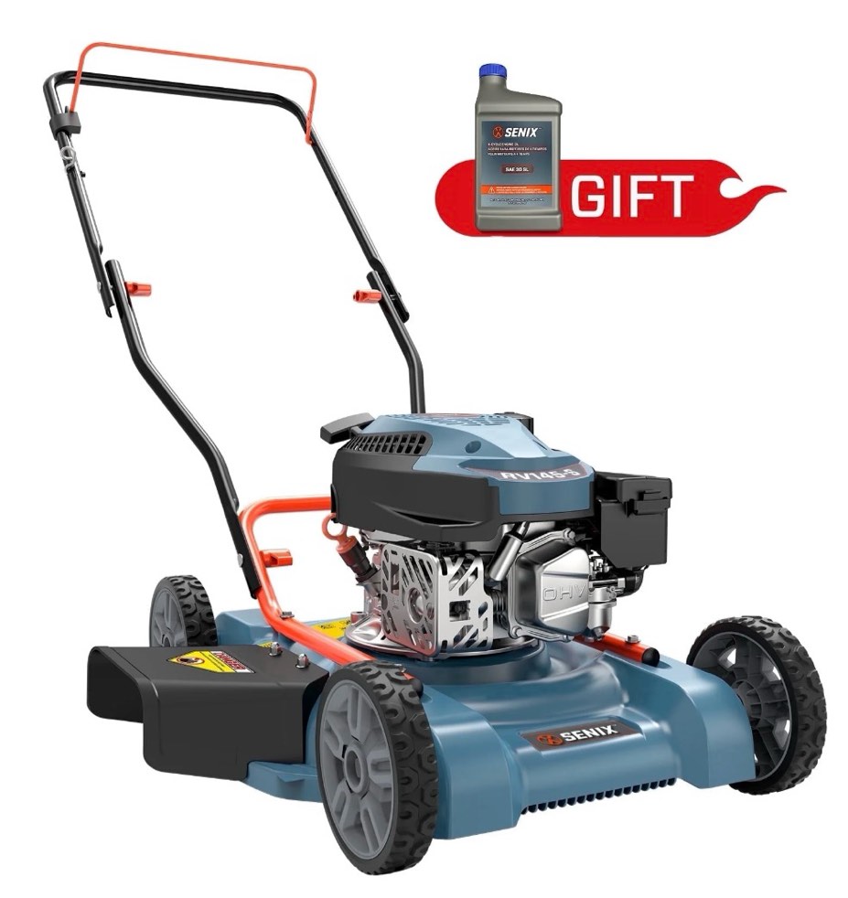 senix gas lawn mower  18in cutting blade / 19in cutting deck  144cc 4-cycle engine push mower with side discharge