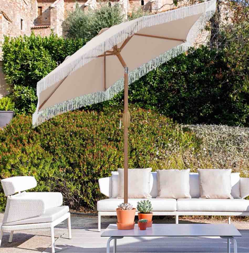 autlaycil 7.5ft tassels patio umbrella fringe outdoor table umbrella with push button tilt and crank (khaki)