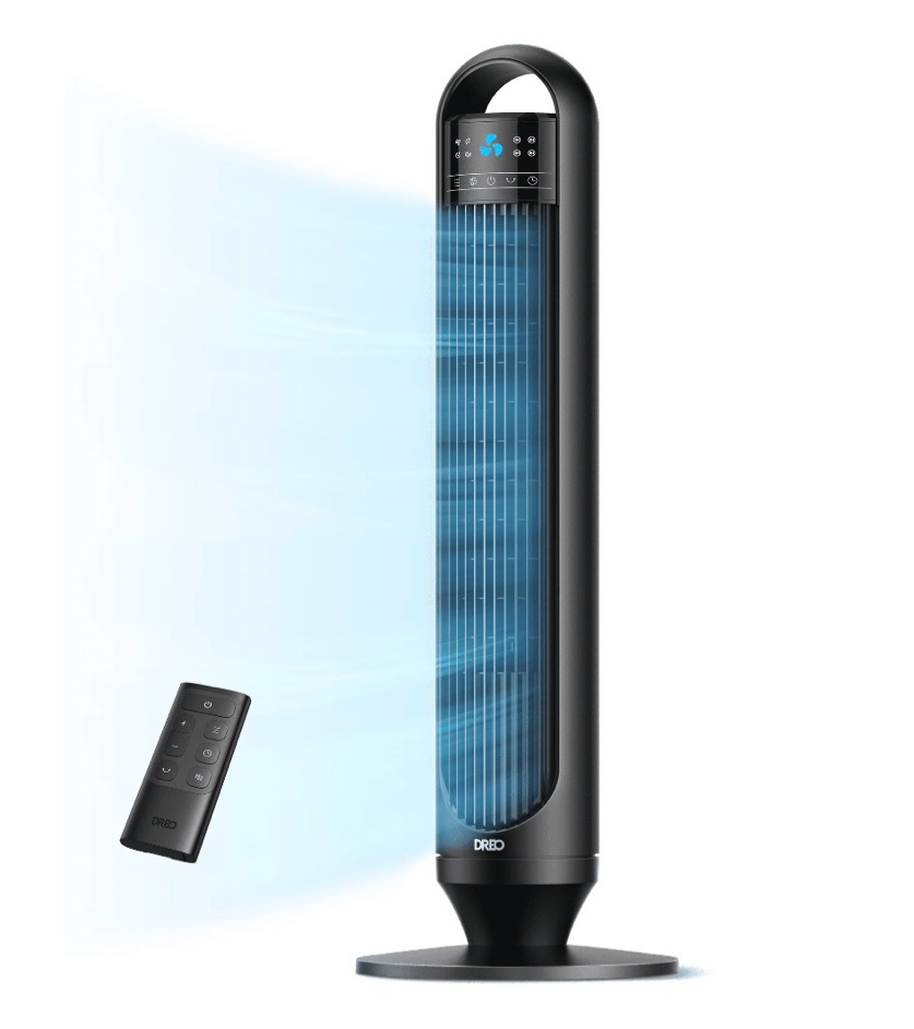 dreo tower fans for home, 32" standing floor fan, 26 ft/s bladeless fan with remote, 90° oscillating, 3 modes, 3 speeds, led display, 8h timer, quiet room fan