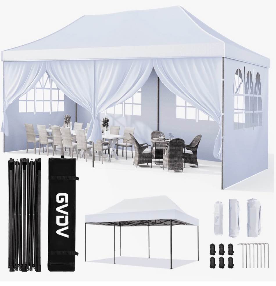 gvdv 10' x 20' pop up canopy tent party tent outdoor event instant tent gazebo with removable sidewalls and carry bag, white