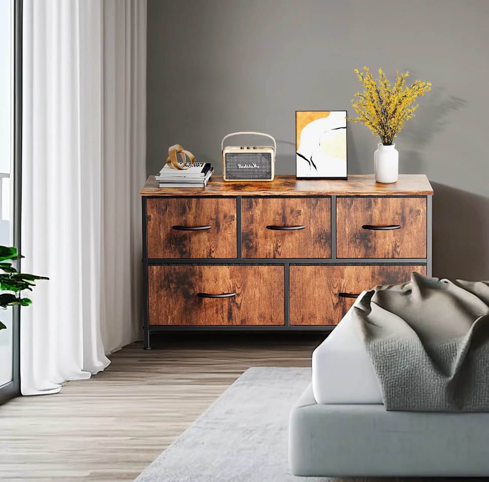 edx 5 drawers dresser for bedroom, fabric storage organizer small cabinet, rustic brown 21"hx39.4"wx11.8"d