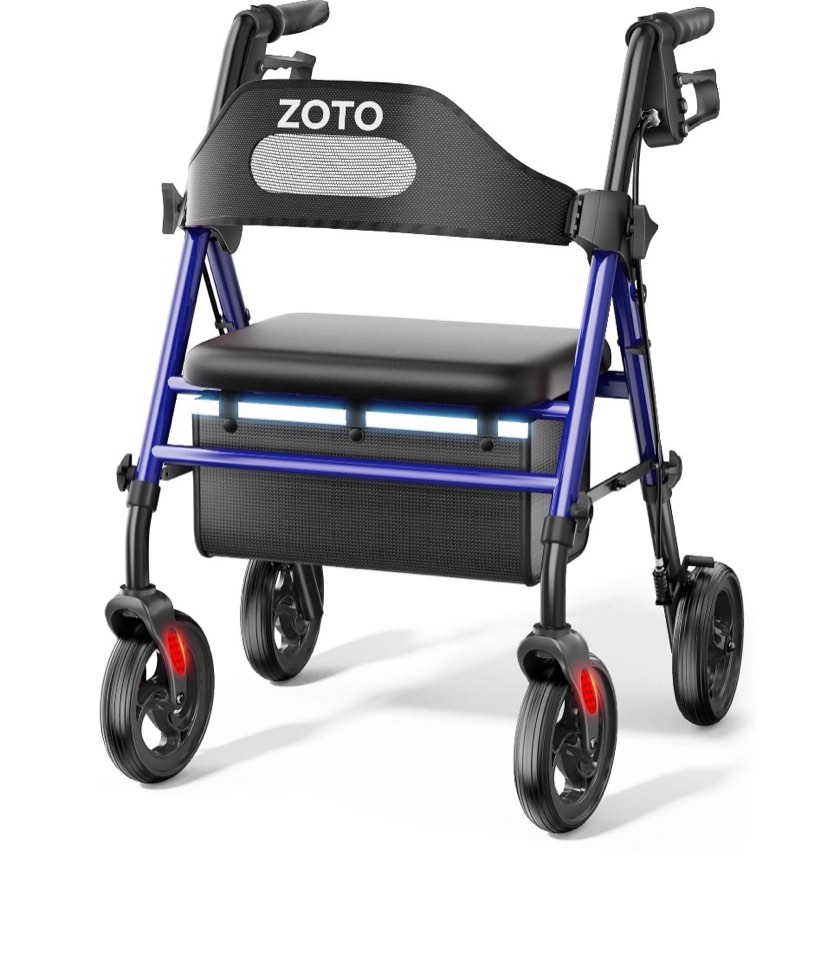 zoto foldable rollator walker with seat for seniors, height adjustable lightweight rolling walker with sturdy reinforced carbon steel frame, blue (vr2-bl)