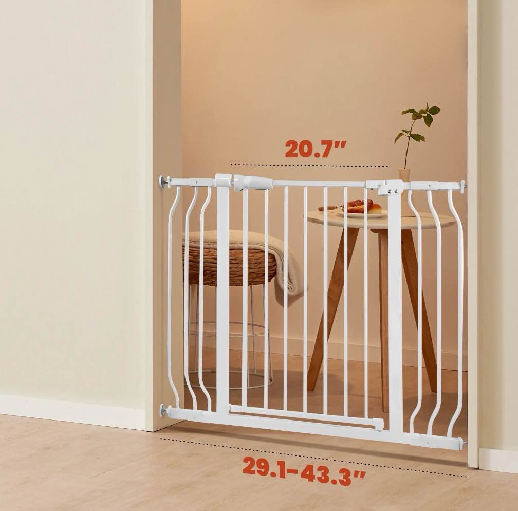 Condition photo showing New/Like New for edx 30" height walk through dog gate, pressure mounted with auto-close and hold-open features, fits 29.1–43.3 inch openings, white