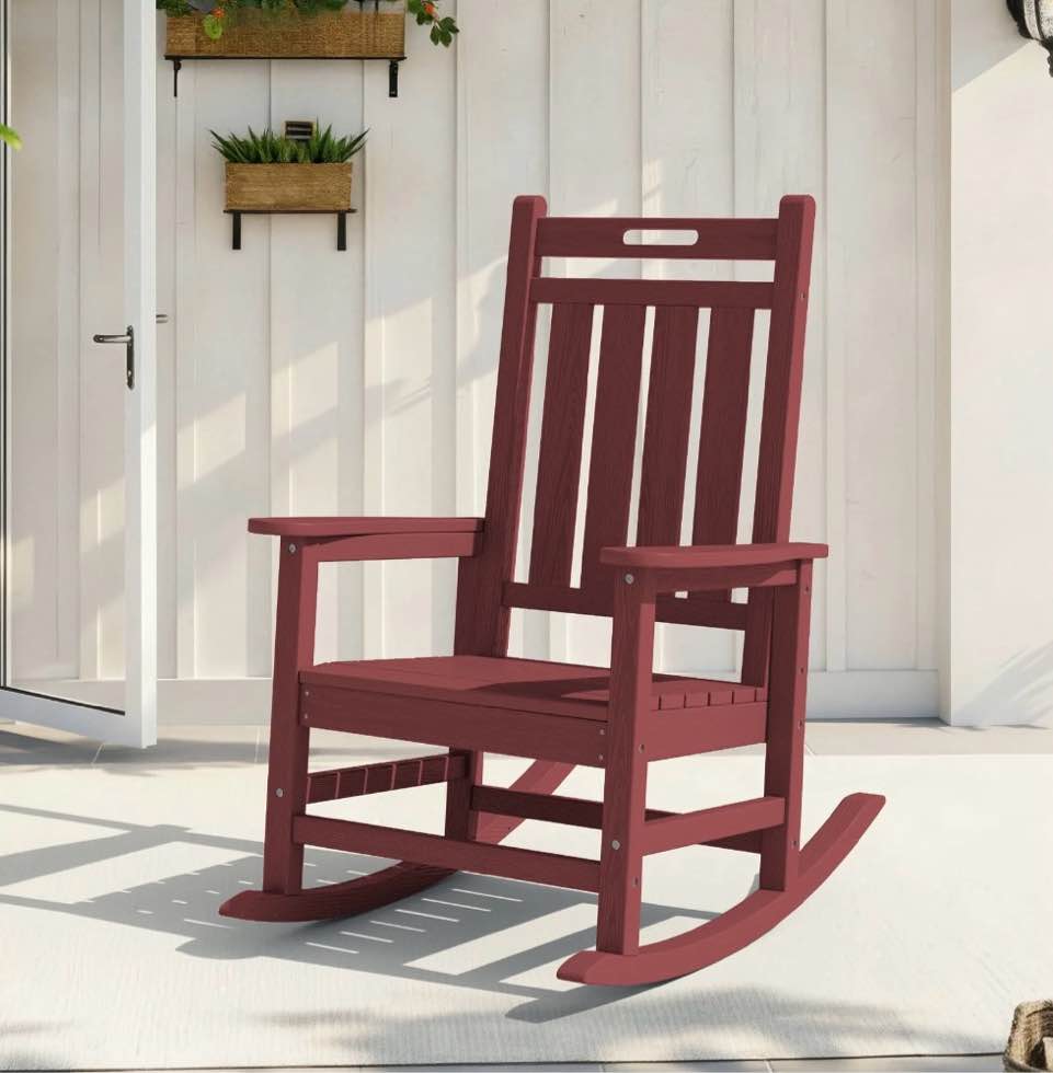 loyalice hdpe outdoor rocking chair for porch patio, all-weather high back rocker with wood-grain texture, heavy-duty deck garden seating, fade-resistant & easy to clean,dark red