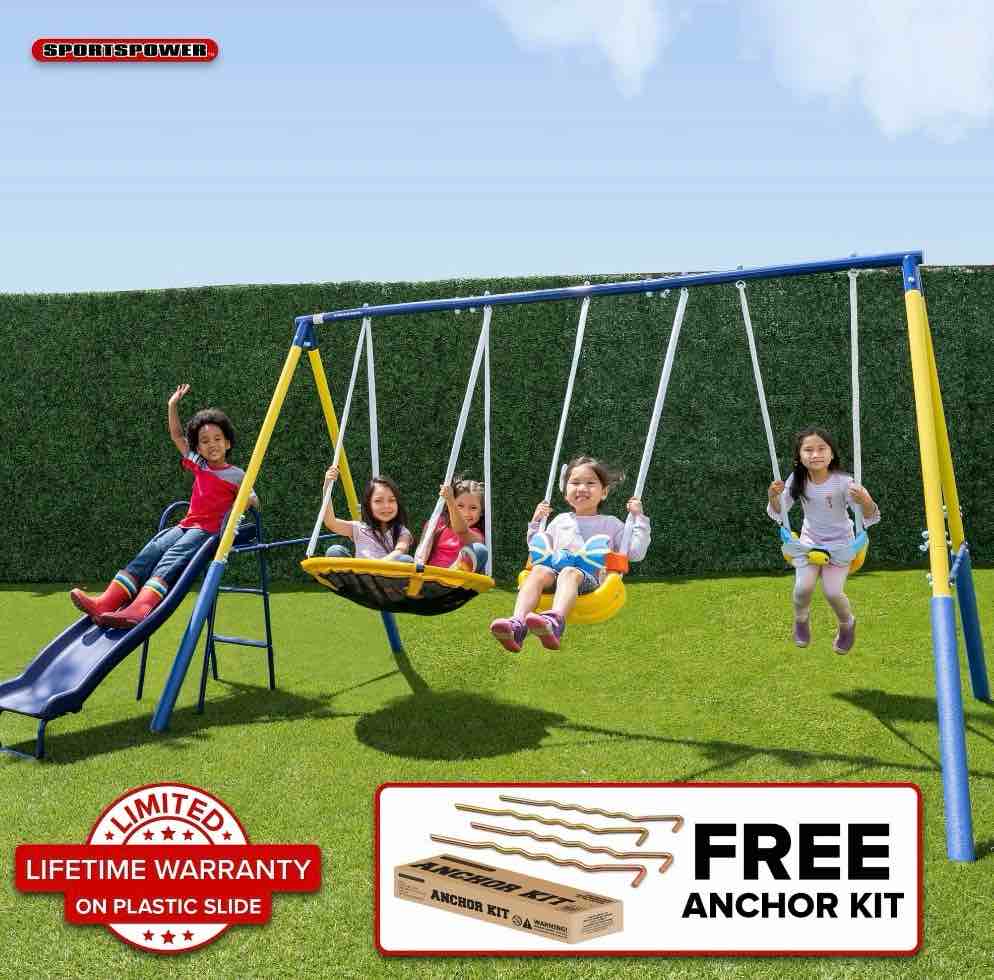 sportspower super flyer swing set with 2 flying buddies saucer swing 2 swings lifetime warranty on slide and bonus anchor kit great for kids aged 3-8