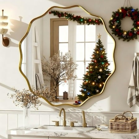 beautypeak 36 wavy round bathroom mirror wall decor with deep frame gold
