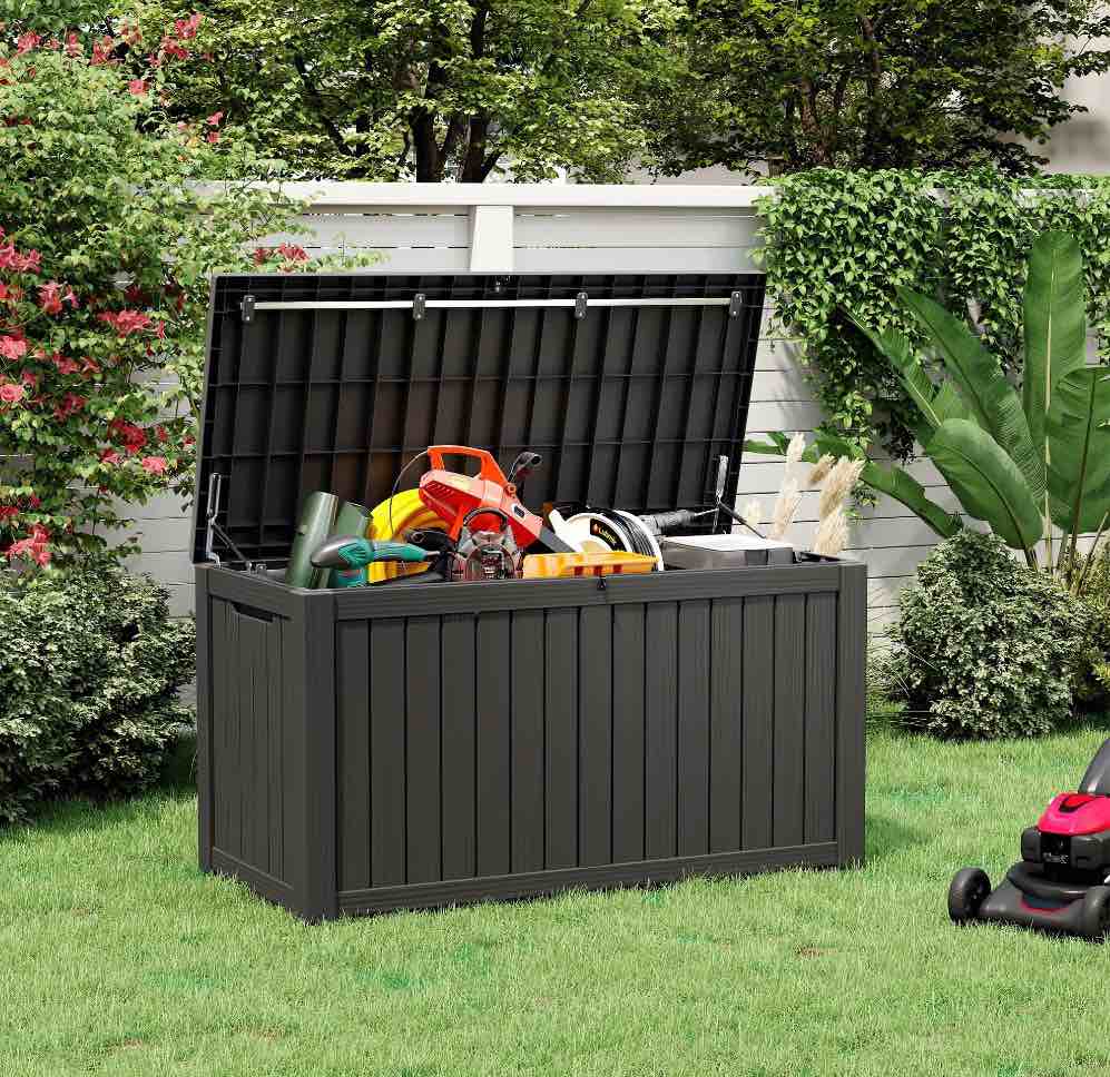 bifanuo 150 gallon deck box  outdoor storage box  large waterproof resin indoor storage box with built-in steel beams for patio  cushions  pool supplies