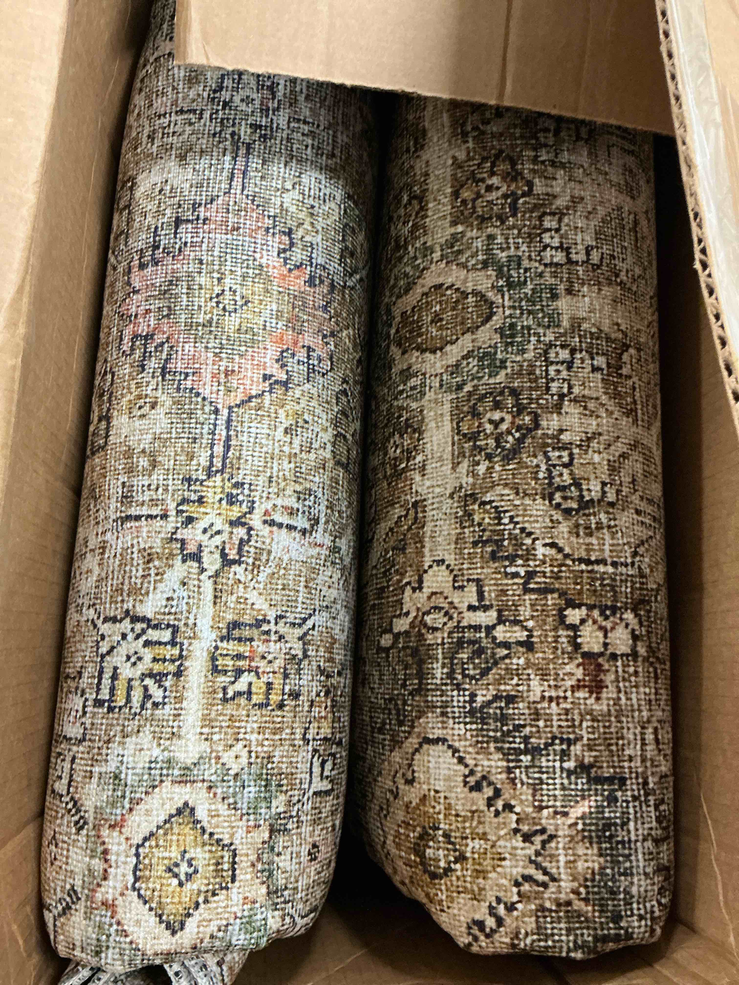 Condition photo showing As Is for loloi layla collection lay-03 olive/charcoal 9'-6" x 14' .13" thick area rug, soft, durable, vintage inspired, distressed, low pile, non-shedding, easy clean, printed, living room rug 9'6" x 14' (rectangular) olive / charcoal