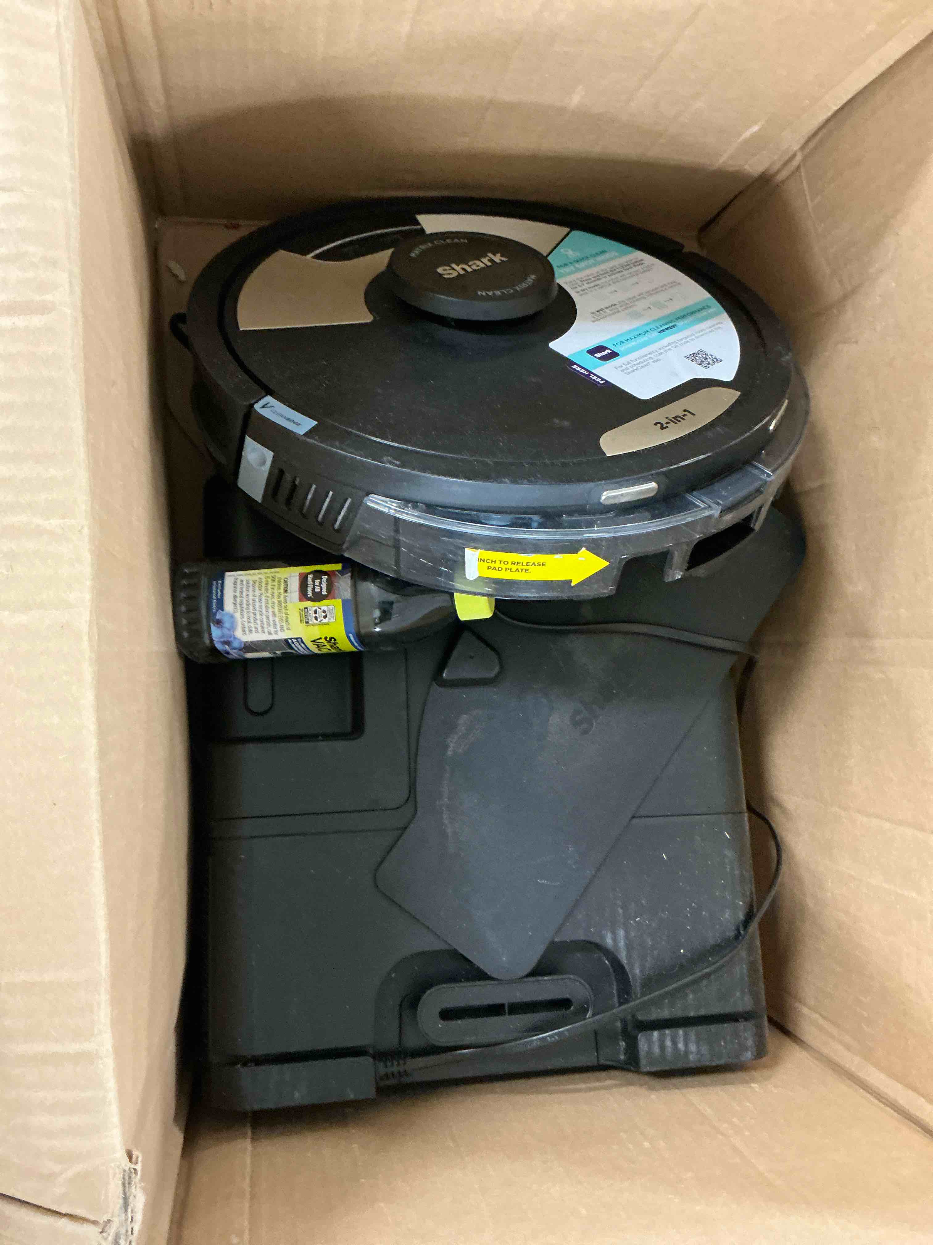 Condition photo showing Good Condition for shark robot vacuum & mop combo, powerful suction, matrix plus, 60-day debris capacity, hepa bagless self empty base, sonic mopping, home mapping for pet hair - carpets & hardfloor, av2610wa wet and dry self-empty (gold/black)