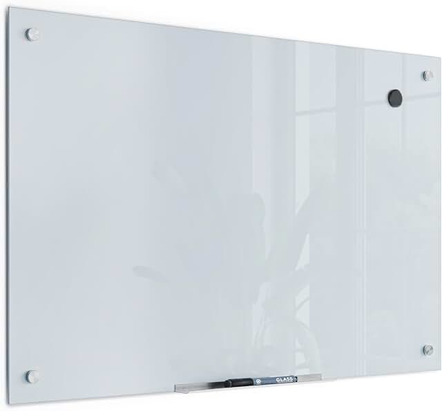 u brands glass dry erase board, 24" x 36", white frosted surface with silver grommets, frameless, includes marker with eraser 36"w x 24"h