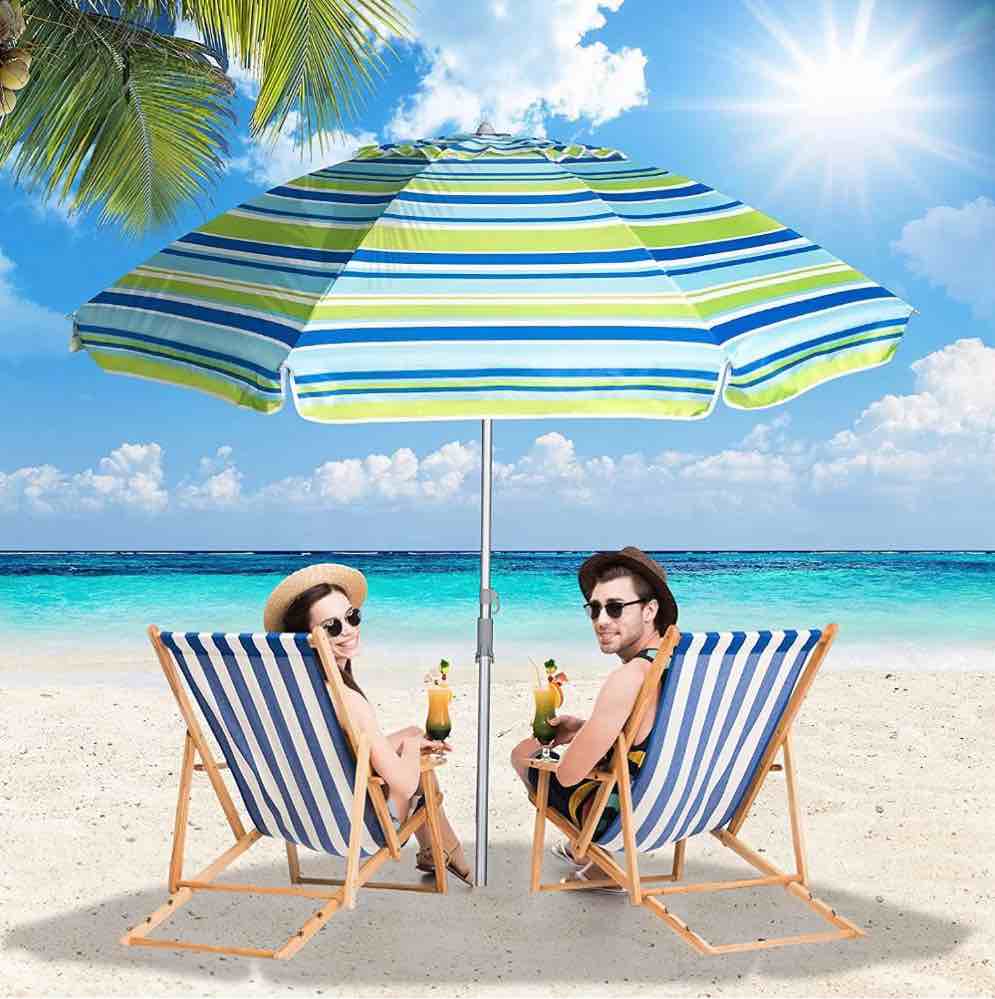 7 ft beach umbrella for sand with tilt/sand anchor/carry bag/, stripe blue and green,uv 50+ upf 100+