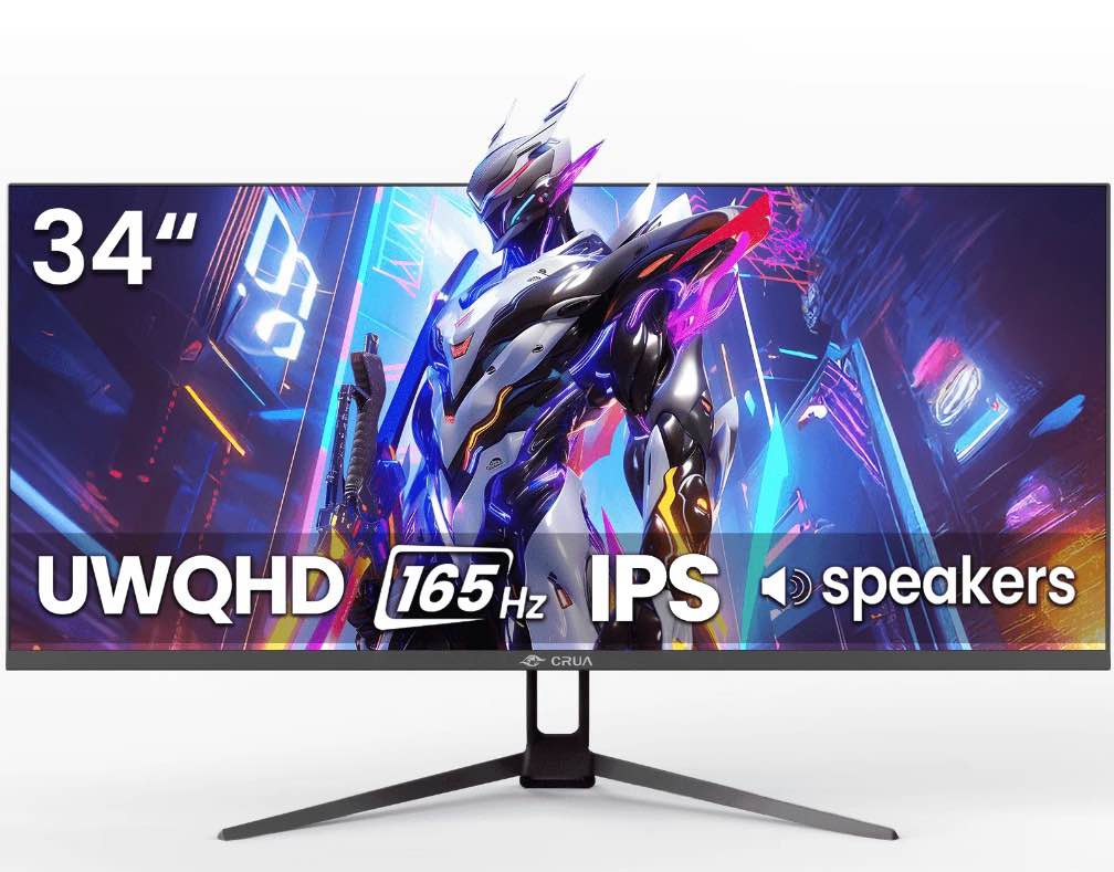 CRUA 34 Inch 165Hz UWQHD IPS Utrawide Gaming Monitor,3440x1440,21:9, Built-in Speakers,120 sRGB,HDMI/DP,Wall Mountable-Black