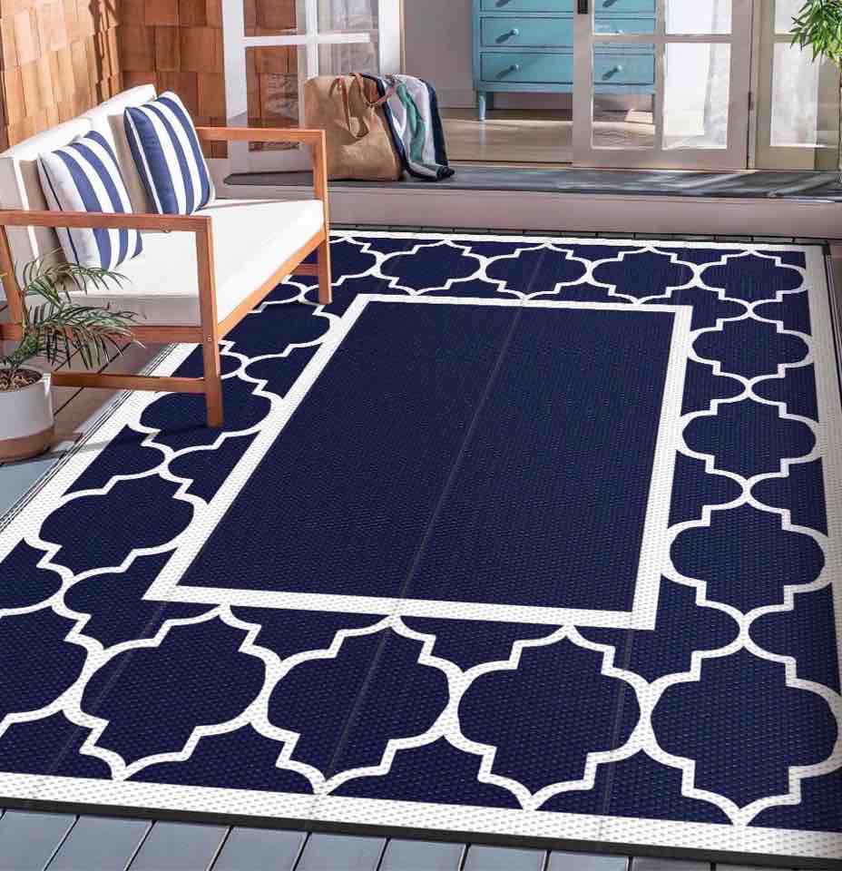 deorab outdoor rugs waterproof plastic straw mat 5'x8' reversible rv patio deck beach blue & white