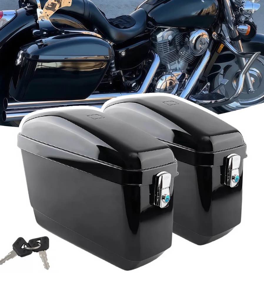 Large Hard Saddle Bag Trunk W/brackets For Motorcycle Compatible With Harley Dyna Honda Suzuki Kawasaki Yamaha Cruiser, Gloss Black