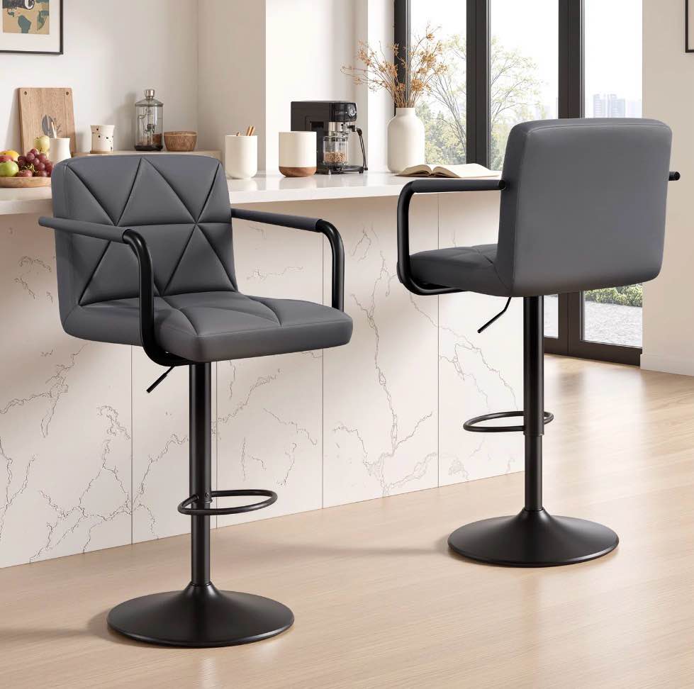 Daluvenix Bar Stools Set of 2 Dark Gray PU Leather Adjustable Swivel Barstools Hydraulic Kitchen Counter Height Bar Chairs with Armrest and Back
