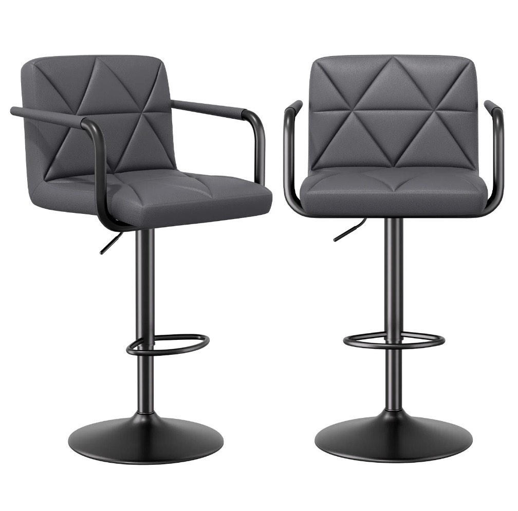 Daluvenix Bar Stools Set of 2 Dark Gray PU Leather Adjustable Swivel Barstools Hydraulic Kitchen Counter Height Bar Chairs with Armrest and Back