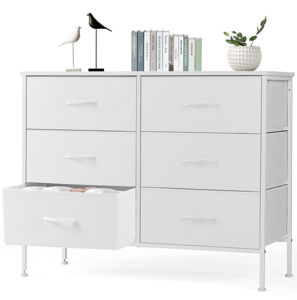 Edx 6 Drawers Dresser For Bedroom, Fabric Storage Organizer Tower Cabinet, White 30"Hx38.2"Wx13.8"D