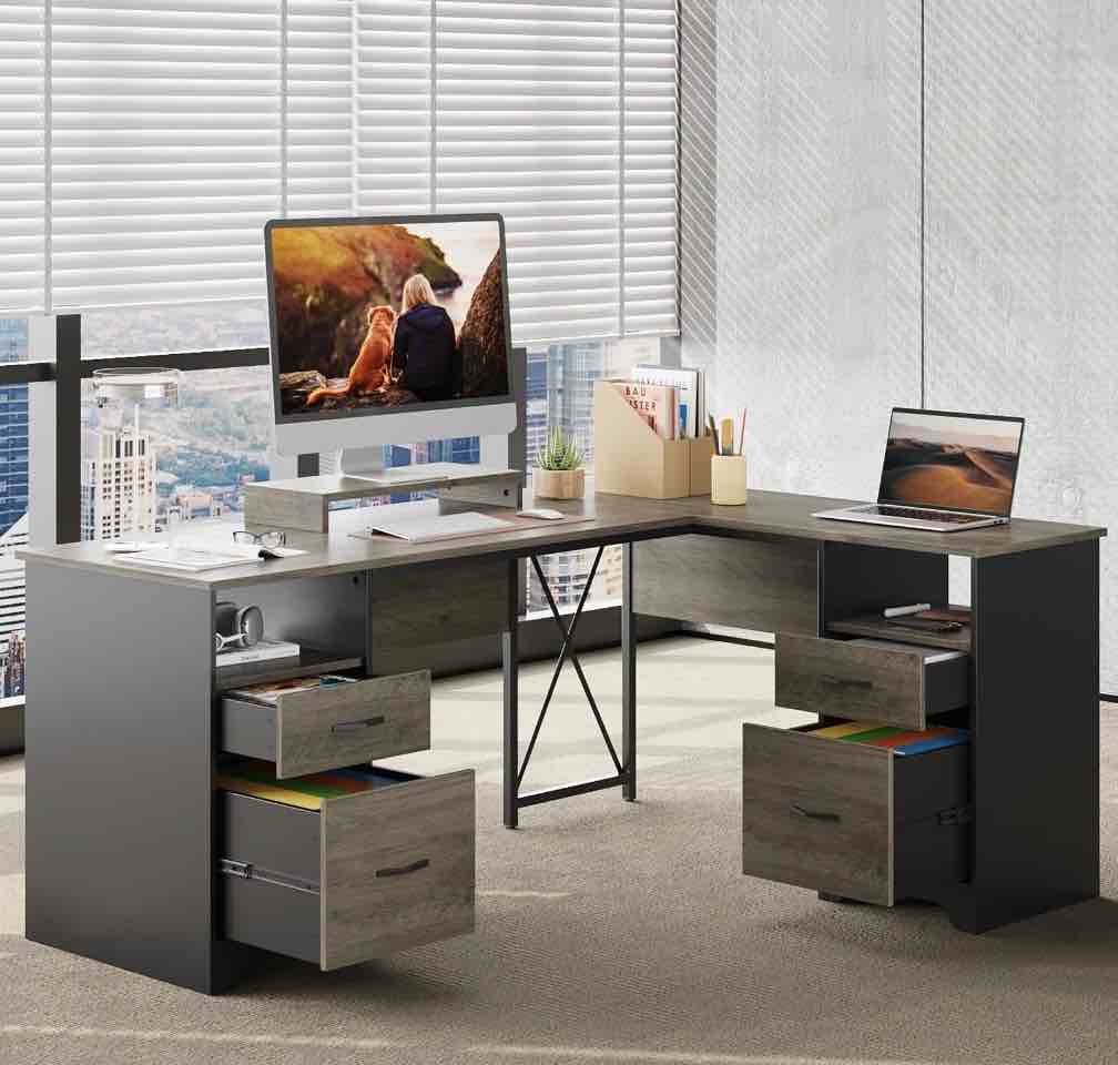 Bestier L Shaped Desk with 4 Drawers, 63" x 47" Executive Office Desk with Monitor Stand, Gray