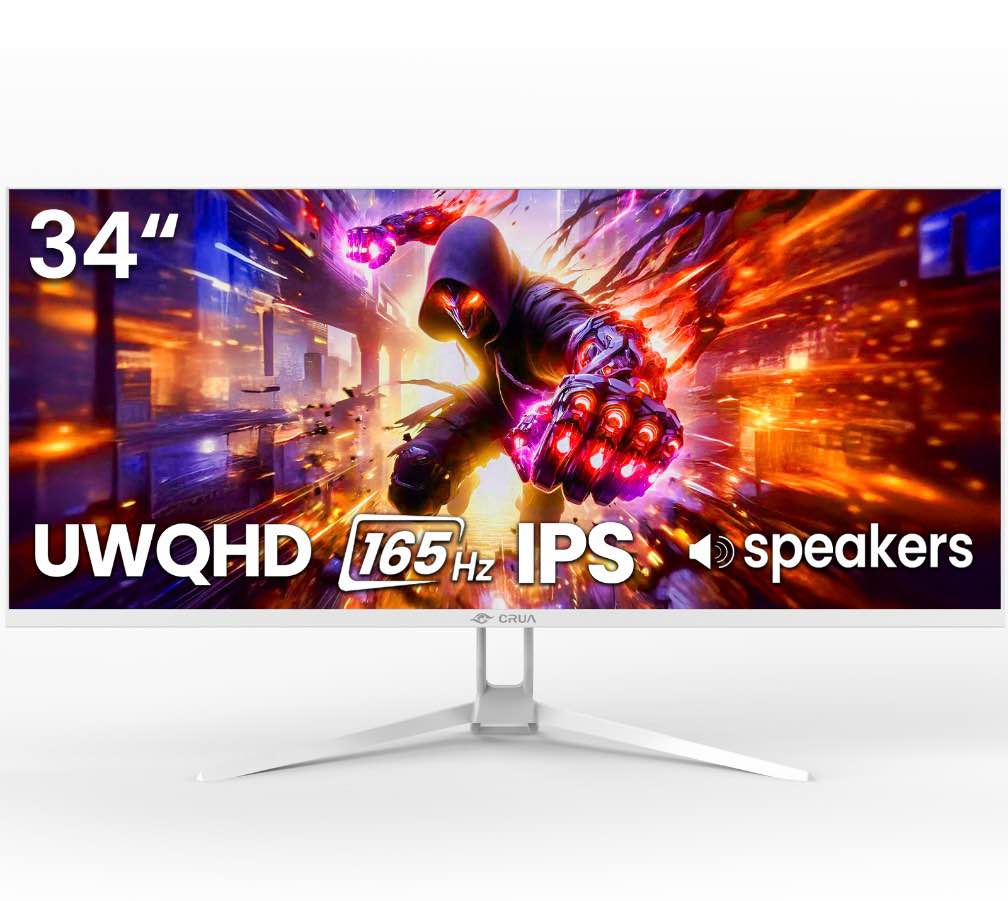 crua 34" wqhd 165hz utrawide gaming monitor,3440x1440 21:9 ips gaming monitor,build-in speakers,120% srgb,amd freesync,hdmi & dp,wall mount mount - white