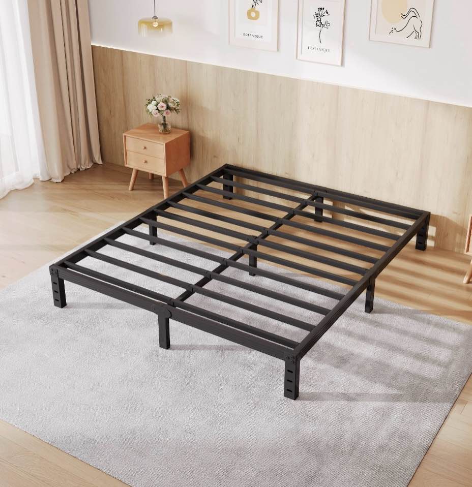 comasach 12 inch queen bed frame, easy assembly, heavy duty metal platform, noise free, black queen