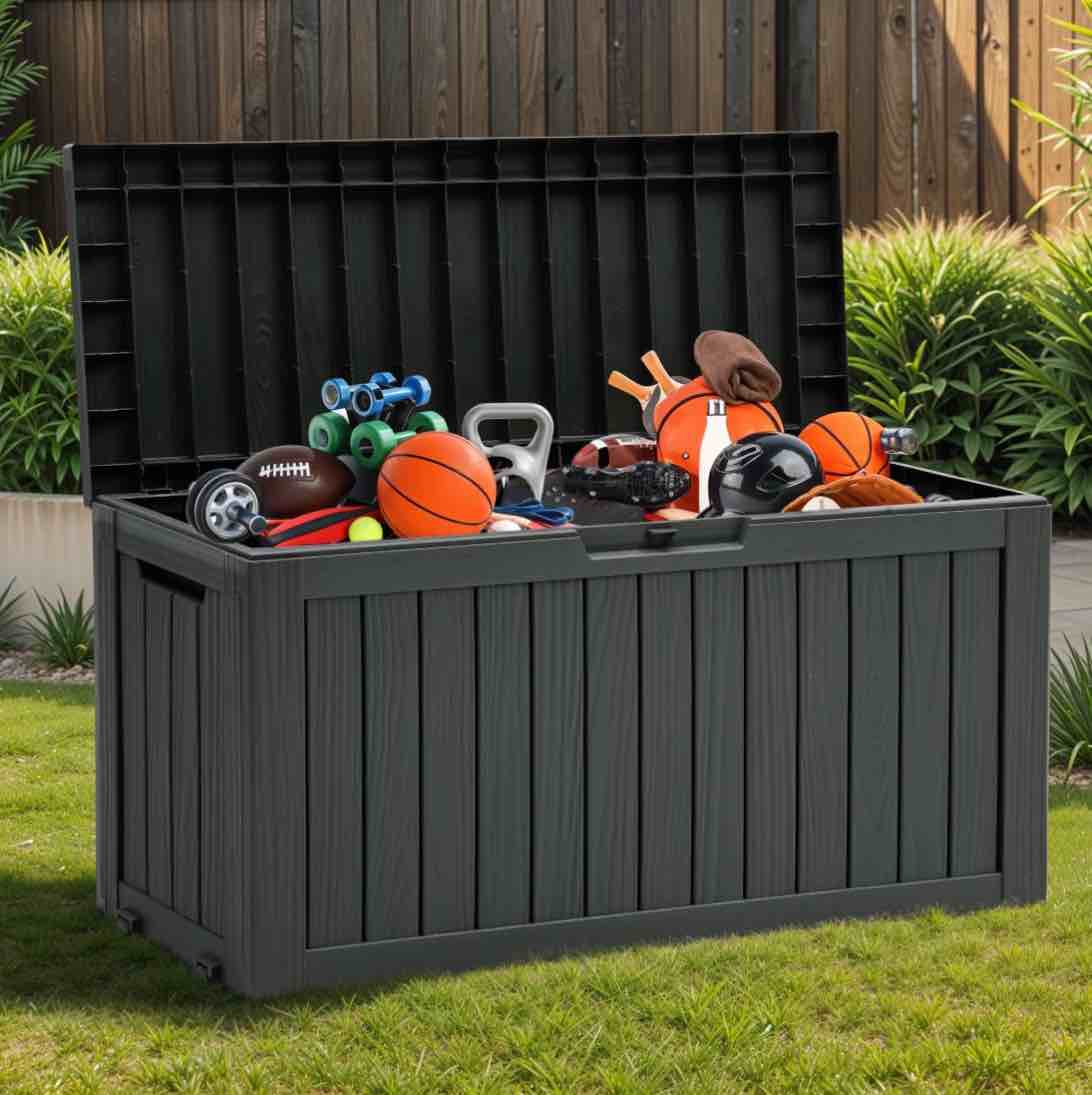 Condition photo showing New/Like New for 72 gallon outdoor resin deck box,waterproof & lockable storage box for garden patio, black